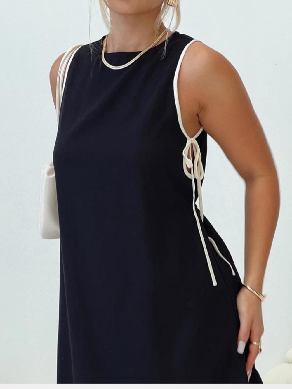 Linen Black Shift mini Dress with Contrast Tie Detail: minimalist chic